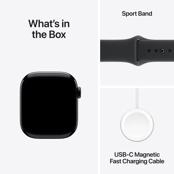 Apple Watch Series 11 (GPS) 42 mm spegel svart aluminiumhölje och svart sportarmband, S/M