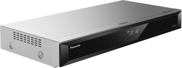 Panasonic DMR-UBC70EGS er en 4K UHD-skalerende Blu-ray-afspiller og 500 GB harddiskoptager, i sølvfarve.