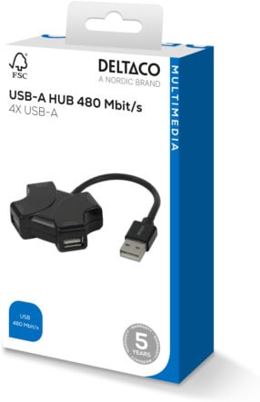 Deltaco USB-A-hubb, 4x USB-A, 480 Mbps, svart