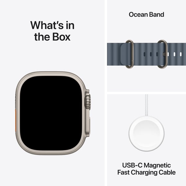 Apple Watch Ultra 3 (GPS + Cellular) 49 mm naturvit titanhus och ankars blå Ocean-armband