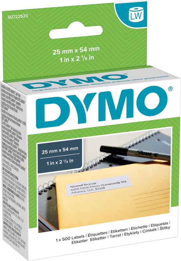 Dymo LabelWriter -retursedel 54 x 25 mm, 500 etiketter, vit