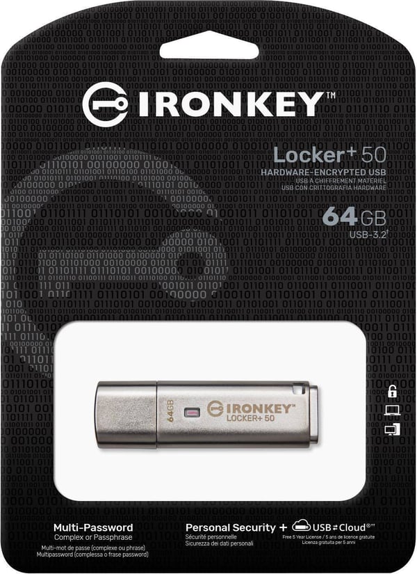 Kingston IronKey Locker+ 50 64 GB USB 3.2 Gen 1-nøgle med kryptering