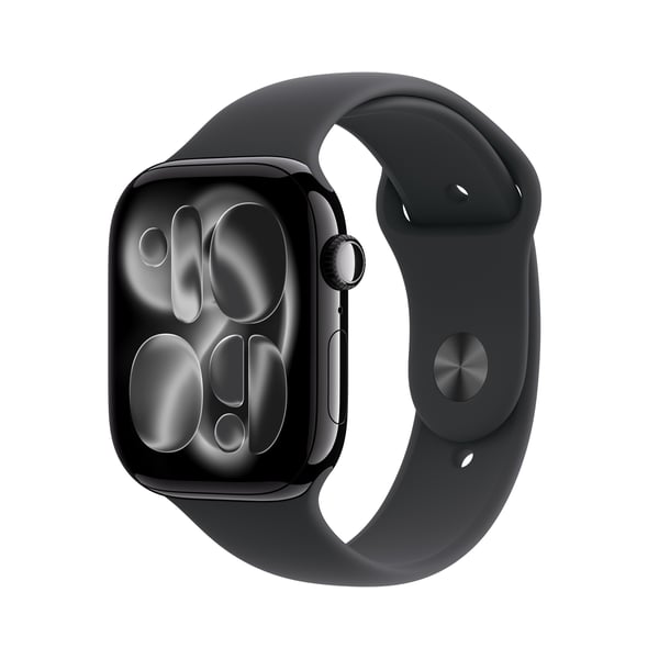 Apple Watch Series 11 (GPS) 46 mm spegel svart aluminiumskal och svart sportarmband, M/L