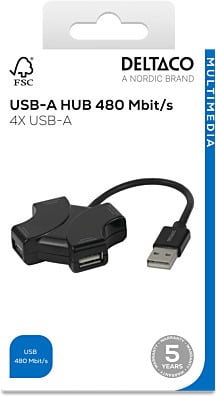 Deltaco USB-A-hubb, 4x USB-A, 480 Mbps, svart