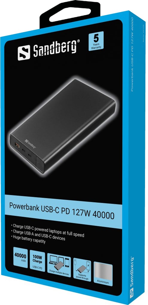 Sandberg Powerbank USB-C PD 127 W reservkraft, 40000 mAh