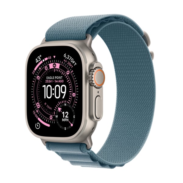 Apple Watch Ultra 3 (GPS + Cellular) 49 mm naturvit titanhus och ljusblå Alpine-armband, medelstor