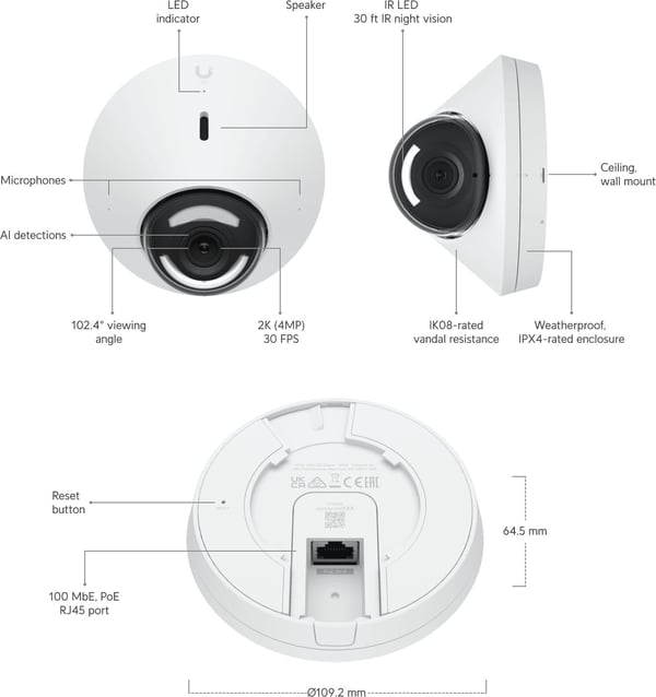 UbiQuiti Unifi G5 Dome overvågningskamera til indendørs og udendørs brug