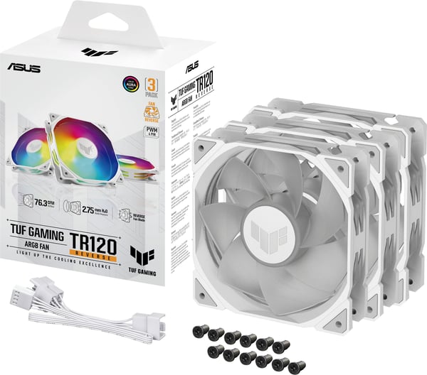 Asus TUF Gaming TR 120 ARGB Reverse PWM-blæser, 120 mm, hvid, 3-pak