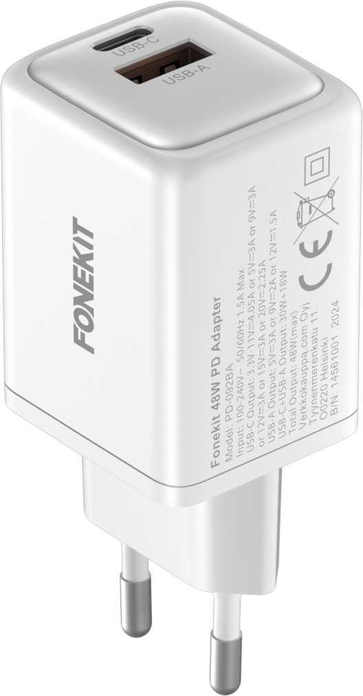 FoneKit GaN PD 48W -väggladdare, USB-C + USB-A, vit