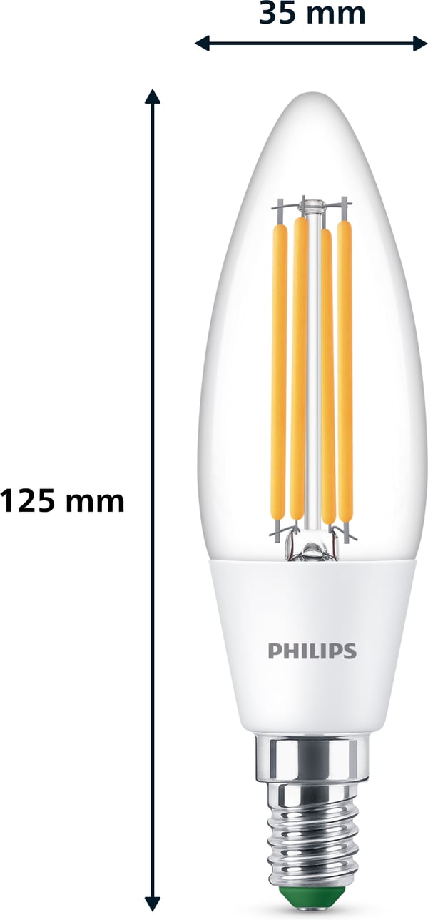 Philips Ultra Effektiv LED-lys, E14, 3000K, 485 lm, klar overflade