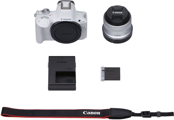 Canon EOS R50 -systemkamera, vit + 18-45 mm objektiv