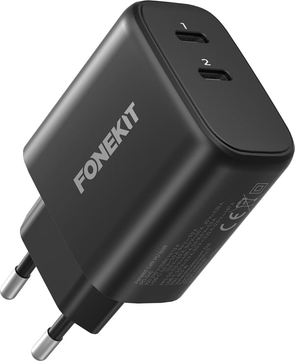 FoneKit GaN PD 65W laddare, USB-C + USB-C, svart