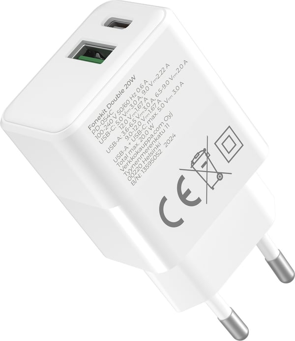 FoneKit Double 20W-laddare, USB-C + USB-A, vit