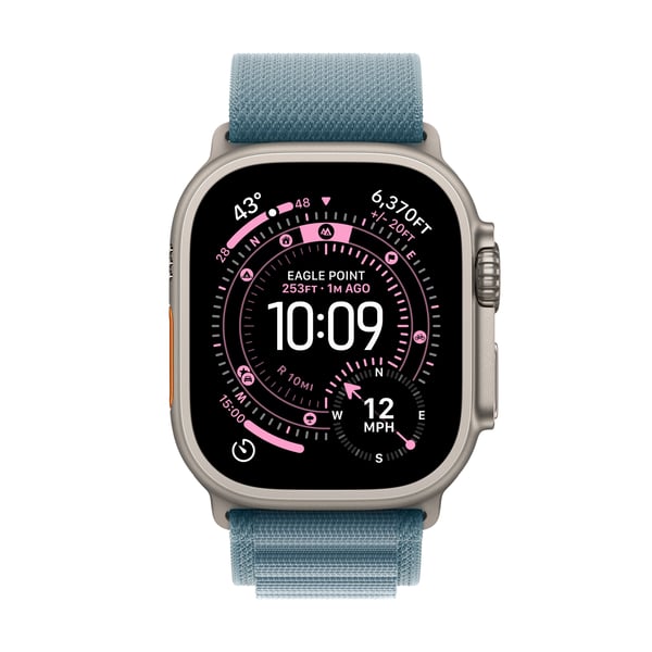 Apple Watch Ultra 3 (GPS + Cellular) 49 mm naturvit titanhus och ljusblå Alpine-armband, medelstor