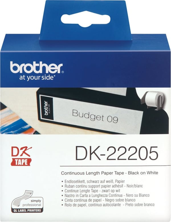 Brother DK-22205 rull-etikett, 62 mm, svart/vit