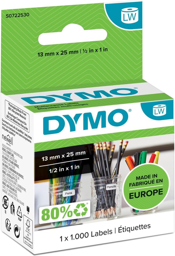 Dymo LabelWriter -universal etikett 13 x 25 mm, 1000 etiketter, vit
