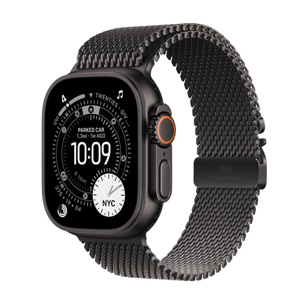 Apple Watch Ultra 3 (GPS + Cellular) 49 mm svart titanboett och svart Milanese-armband, stor