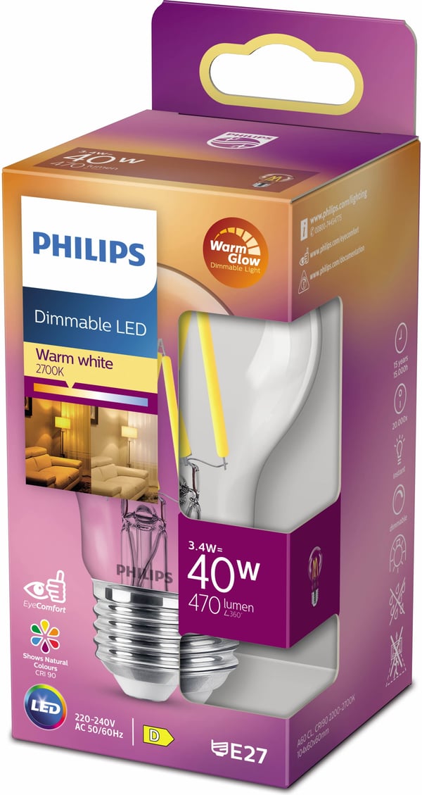 Philips Warm Glow LED-pære, E27, 2200-2700 K, 470 lm, CRI 90