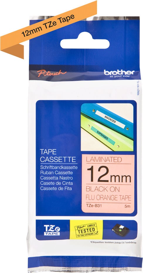 Brother TZe-B31 -etikettband, 12 mm x 5 m, svart med orange bakgrund