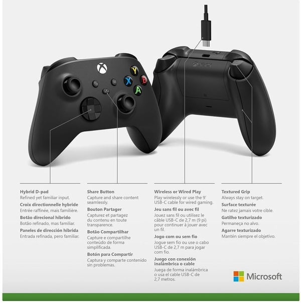 Microsoft Xbox trådlös kontroller + kabel, svart