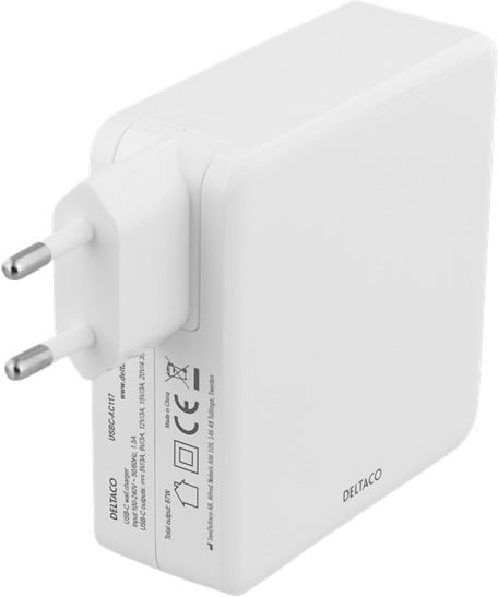 Deltaco USBC-AC117 87 W -strømforsyning, USB-C PD, hvid