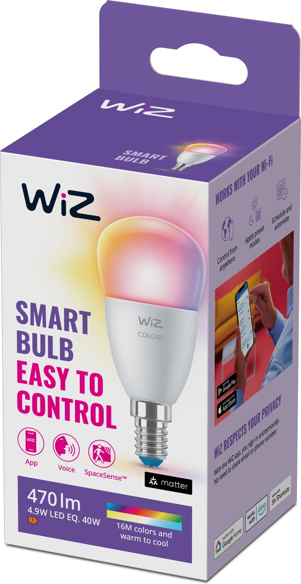 WiZ smartlampe, E14, opalglas, RGBW - alle farver og nuancer af hvidt lys, Wi-Fi, 470 lm