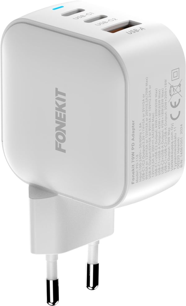 FoneKit GaN PD 70W -väggladdare, USB-C + USB-C + USB-A, vit