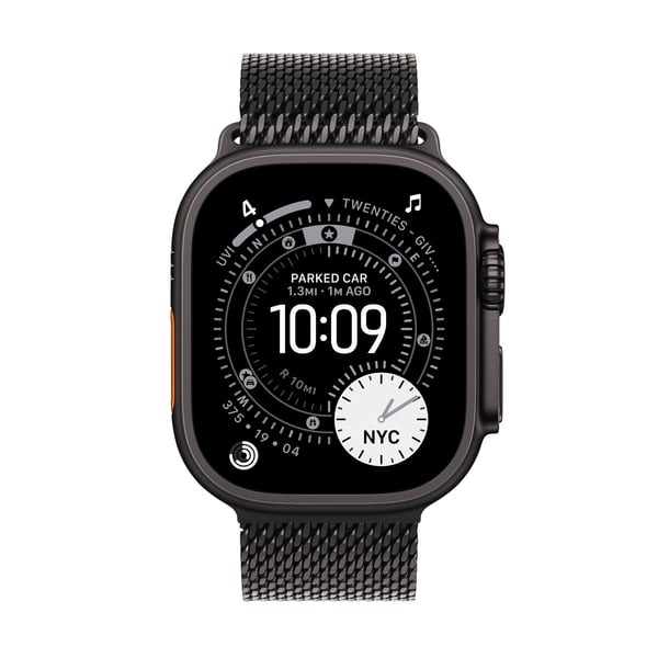Apple Watch Ultra 3 (GPS + Cellular) 49 mm svart titanhus och svart milanesiskt armband, medelstor