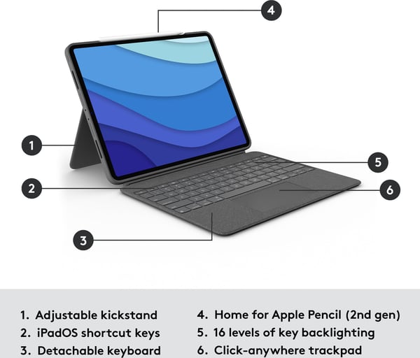 Logitech Combo Touch -tastatur/beskyttelsesskal, 12,9" iPad Pro (5. og 6. generation)