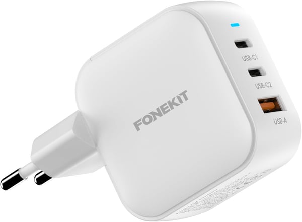 FoneKit GaN PD 70W -väggladdare, USB-C + USB-C + USB-A, vit