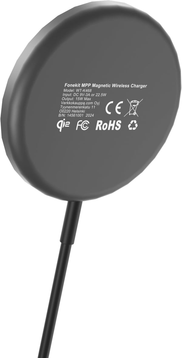 FoneKit WP-15Q2 - trådlös Qi2-laddningsplatta med magnet, svart