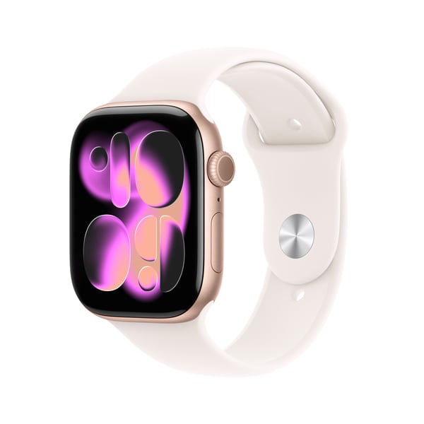 Apple Watch Series 11 (GPS) 46 mm roseguldfärgad aluminiumhölje och sportarmband i rött, M/L