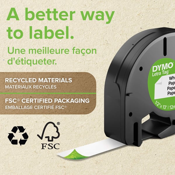 Dymo LetraTAG -plasttejp 12 mm x 4 m, svart med vit botten