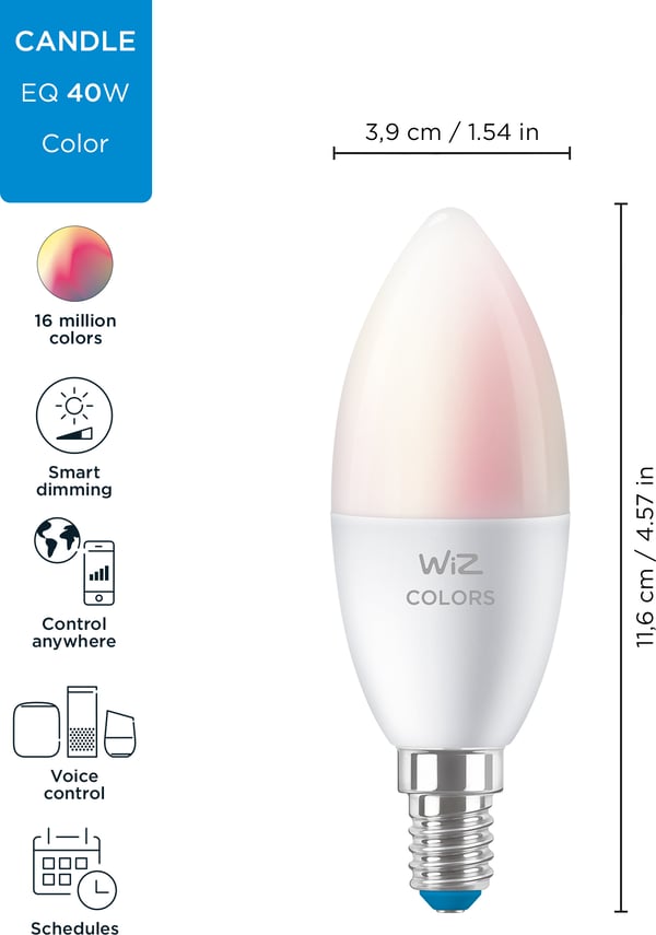 WiZ smartlampe, E14, RGBW - alle farver og nuancer af hvidt lys, Wi-Fi, 470 lm