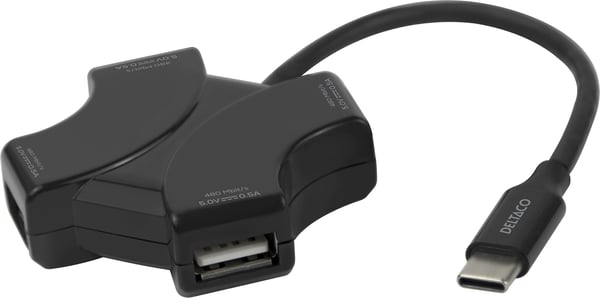 Deltaco USB-C-hub, 4x USB-A, 480 Mbps, sort