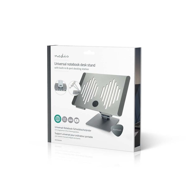 Nedis bärbar datorställ med USB-hubb, silver