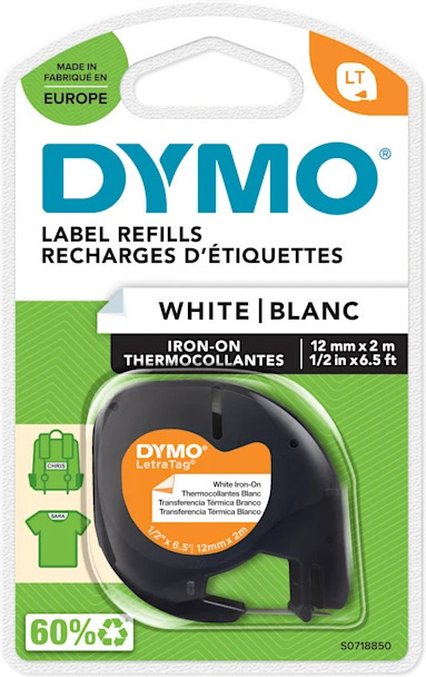 Dymo LetraTAG -strykband 12 mm x 2 m, svart på vit botten