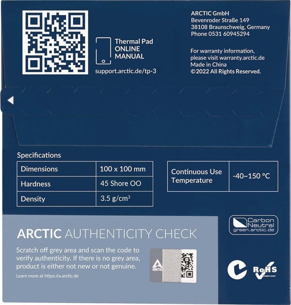 ARCTIC TP-3 värmedyna, 100 x 100 mm, 1,5 mm, 1 st