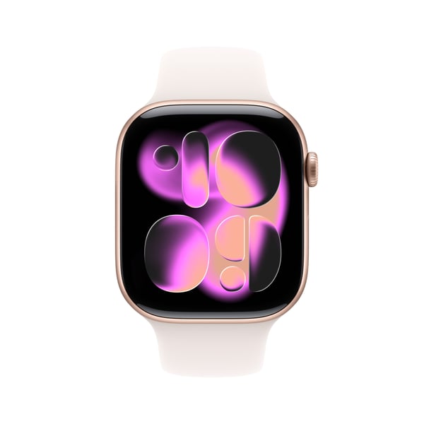 Apple Watch Series 11 (GPS) 46 mm roseguldfärgad aluminiumhölje och sportarmband i rött, M/L