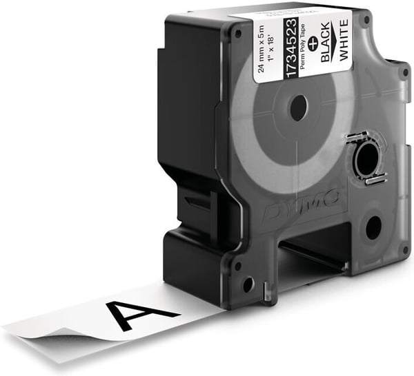 Dymo Rhino Industrial -permanent polyestertejp 24 mm x 5,5 m, svart med vit bakgrund
