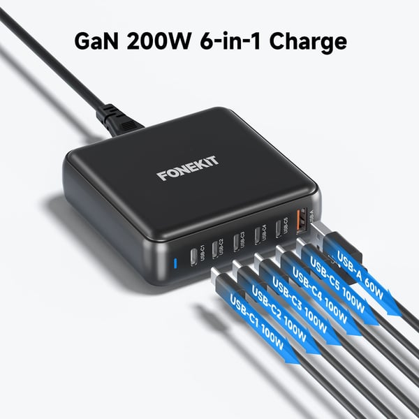 FoneKit GaN PD 200W -nätadapter, USB-A + 5 x USB-C, svart
