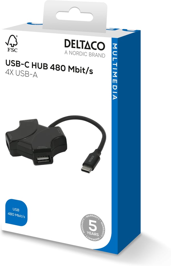 Deltaco USB-C-hub, 4x USB-A, 480 Mbps, sort