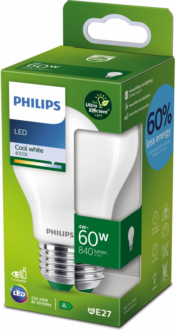Philips Ultra Effektiv LED-lys, E27, 4000K, 840 lm, opaloverflade
