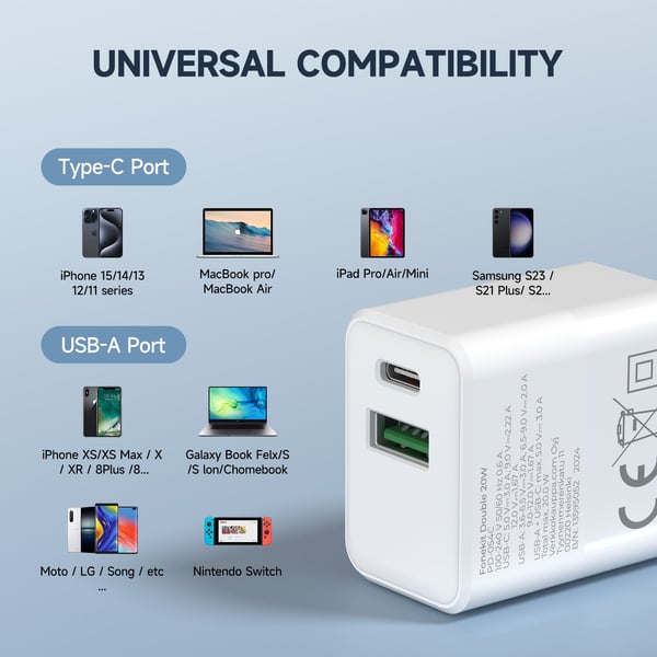 FoneKit Double 20W-laddare, USB-C + USB-A, vit