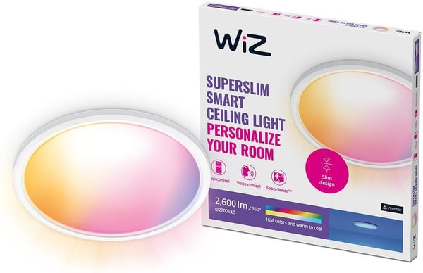 WiZ SuperSlim loftlampe, rund, hvid, WiFi, 22 W, RGB, 2200-6500 K, 2600 lm