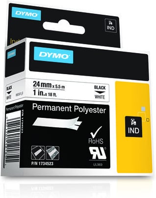 Dymo Rhino Industrial -permanent polyestertejp 24 mm x 5,5 m, svart med vit bakgrund
