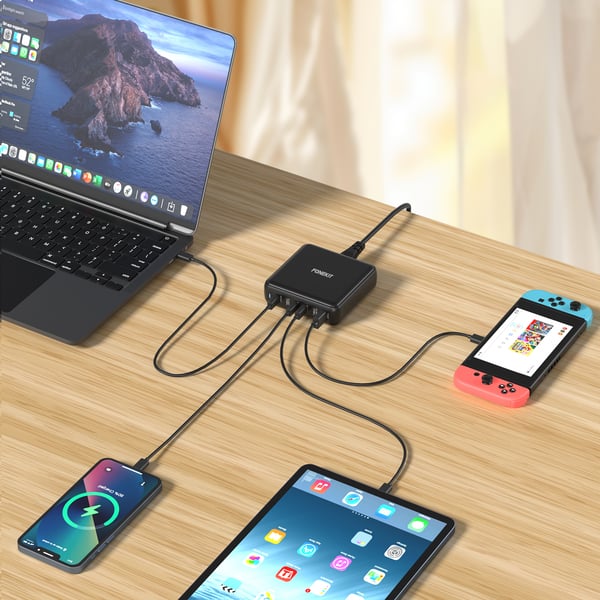 FoneKit GaN PD 200W -nätadapter, USB-A + 5 x USB-C, svart