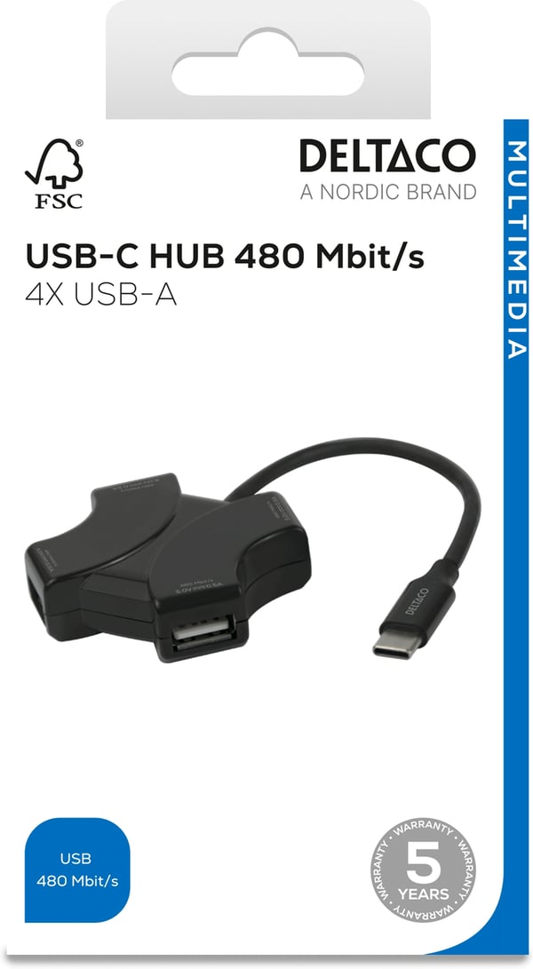 Deltaco USB-C-hub, 4x USB-A, 480 Mbps, sort