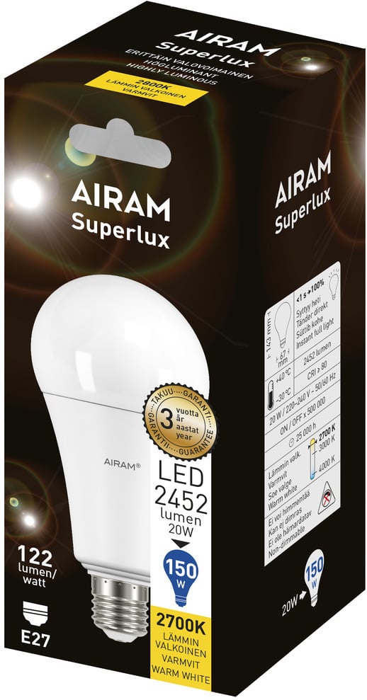 Airam Superlux 20 W -standardglødepære, E27, 2700 K, 2452 lm