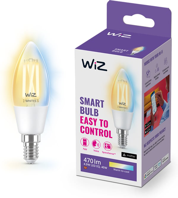 WiZ smartlampe, E14, klart glas, tunable white - hvide lysfarver, Wi-Fi, 2700-6500 K, 470 lm